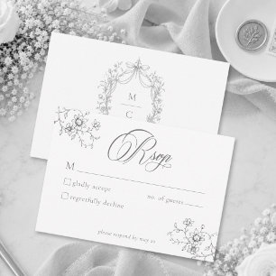 Cartão RSVP Casamento Floral Cinza Preto Clássico Vintage