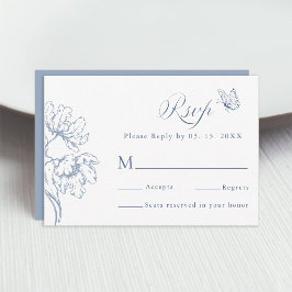 Cartão RSVP Casamento Floral Clássico Moderno Azul Empoeirado