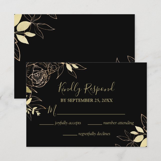 Cartão RSVP Casamento Floral Clássico Preto e Dourado Peony Mo (Frente/Verso)