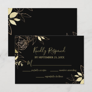 Cartão RSVP Casamento Floral Clássico Preto e Dourado Peony Mo