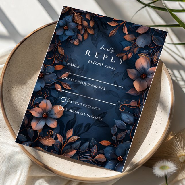Cartão RSVP Casamento Floral Cobre à Meia-Noite (Criador carregado)