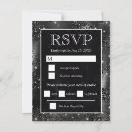 Cartão RSVP Casamento Floral com Brilho Prateado e Preto Elega