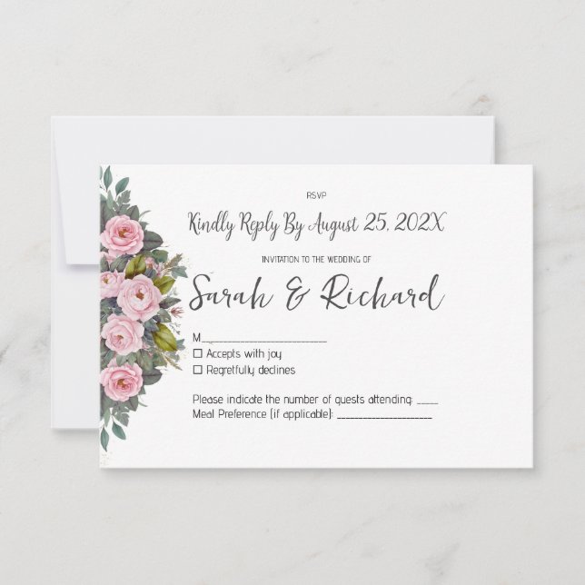 Cartão RSVP Casamento Floral com Tom de Rosa Suave (Frente)
