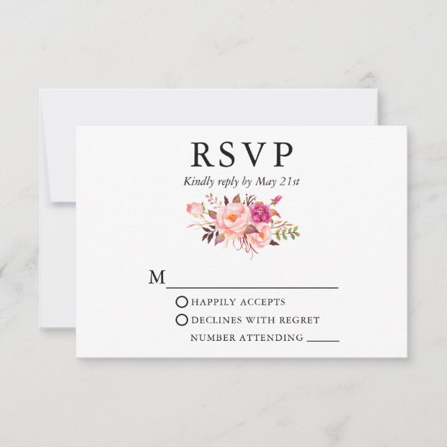 Cartão RSVP Casamento Floral Cor de Água Rosa Elegante (Frente)