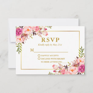 Cartão RSVP Casamento Floral Cor de Água Rosa Rosa-Elegante M