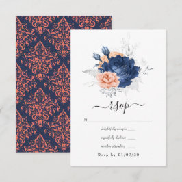 Cartão RSVP Casamento Floral Coral, Azul Marinho e Prata