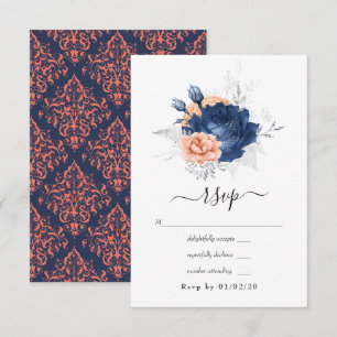 Cartão RSVP Casamento Floral Coral, Azul Marinho e Prata