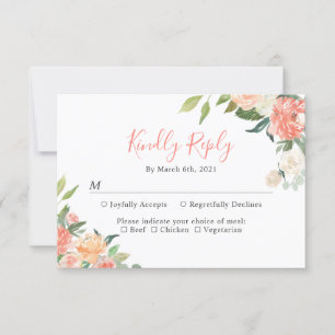 Cartão RSVP Casamento Floral Coral Peach Watercolor Garden