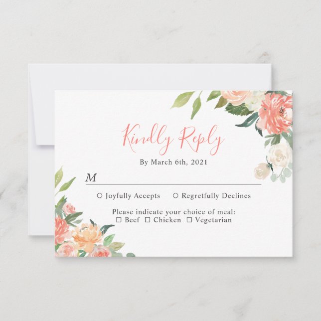Cartão RSVP Casamento Floral Coral Peach Watercolor Garden (Frente)