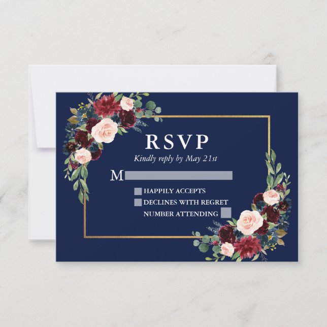 Cartão RSVP Casamento Floral da Borgonha Elegante Quadro Doura (Frente)