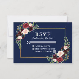 Cartão RSVP Casamento Floral da Borgonha Elegante Quadro Doura