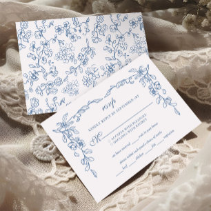 Cartão RSVP Casamento Floral da Imagem Azul Elegante Francesa