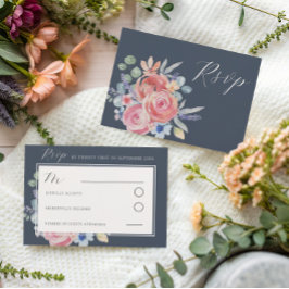 Cartão RSVP Casamento Floral de Aguarela Azul Escuro Moderno