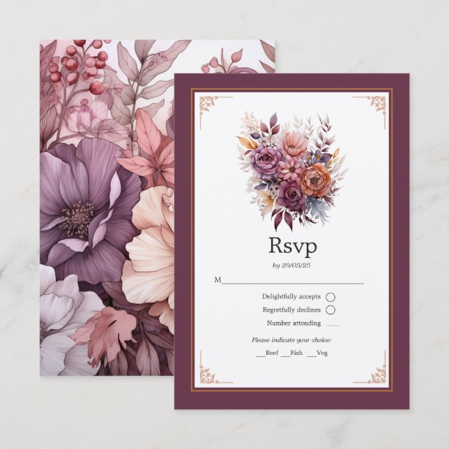 Cartão RSVP Casamento Floral de ameixa, Cinza, Cobre e Rosa (Frente/Verso)