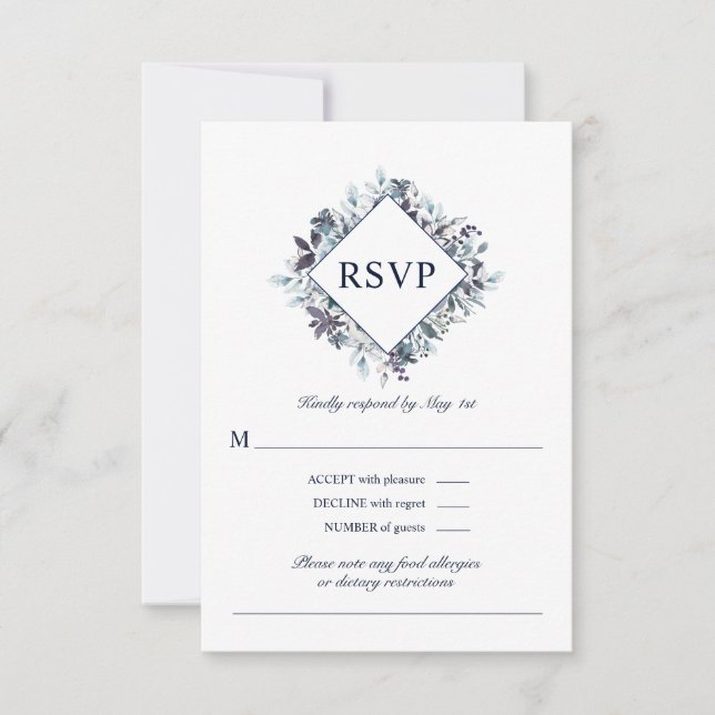 Cartão RSVP Casamento Floral de Aquarela Azul Marinho Empoeira (Frente)