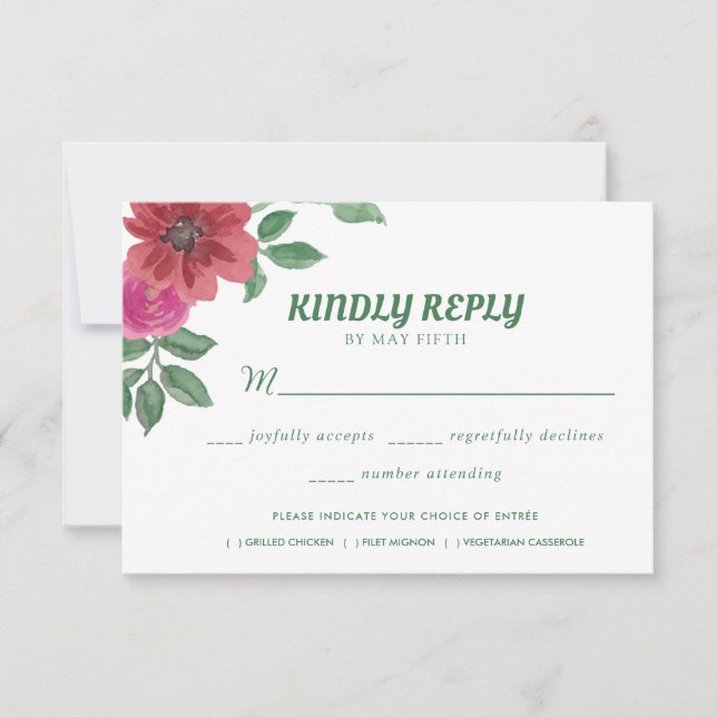 Cartão RSVP Casamento Floral de Aquarela de Jardim de Verão (Frente)