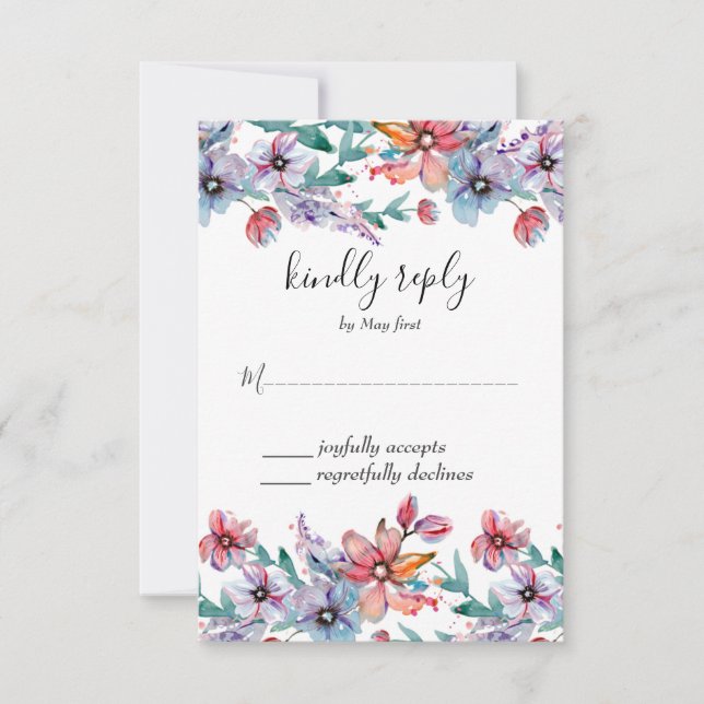 Cartão RSVP Casamento Floral de Aquarela de Jardim de Verão (Frente)