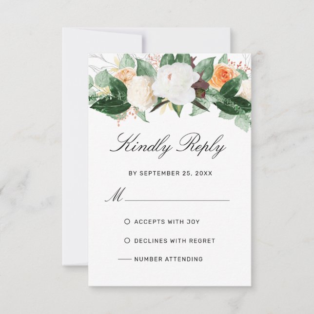 Cartão RSVP Casamento Floral de Aquarela de Pêssego Elegante (Frente)