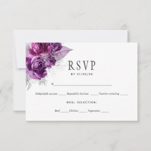 Cartão RSVP Casamento Floral de Aquarela Roxo e Azul Marinho