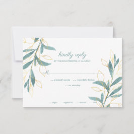 Cartão RSVP Casamento Floral de Aquarela Verde-Ouro Elegante