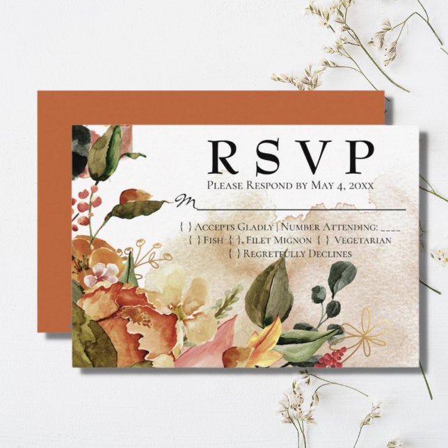 Cartão RSVP Casamento Floral de Autumn Watercolor (Criador carregado)