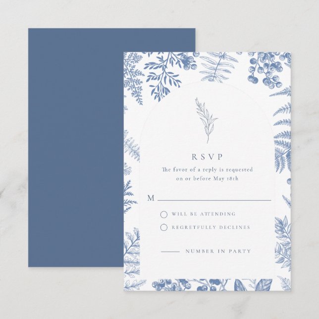 Cartão RSVP Casamento Floral de Blue Bloom francês legante (Frente/Verso)