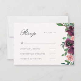 Cartão RSVP Casamento Floral de Blush e Plum Watercolor