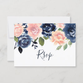 Cartão RSVP Casamento Floral de Blush & Marinho Watercolor