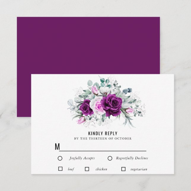 Cartão RSVP Casamento Floral De Blush Roxo Rústico Elegante (Frente/Verso)