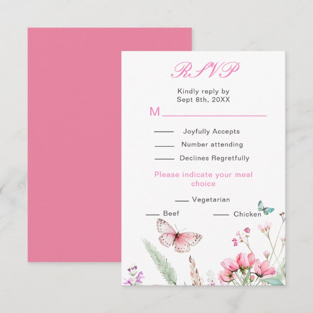 Cartão RSVP Casamento Floral de Borboleta Rosa da Primavera (Frente/Verso)