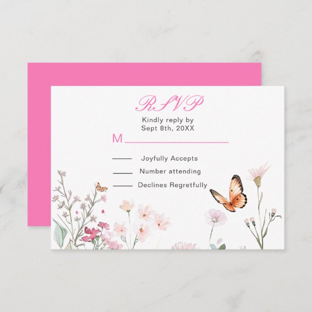 Cartão RSVP Casamento Floral de Borboleta Rosa Profundo da Pri (Frente/Verso)