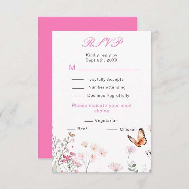 Cartão RSVP Casamento Floral de Borboleta Rosa Profundo de Pri (Frente/Verso)