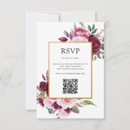 Cartão RSVP Casamento Floral de Borgonha e Elegante Rosa