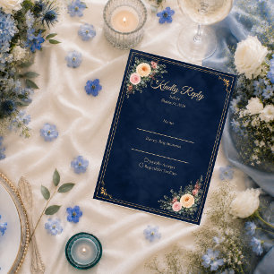 Cartão RSVP Casamento Floral de Canto Azul Elegante
