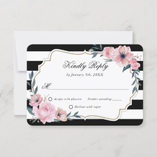 Cartão RSVP Casamento Floral de Cor de Água Rosa Branco Negro