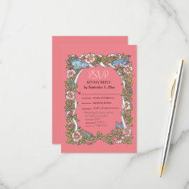 Cartão RSVP Casamento Floral de Coral Pink Bird Border
