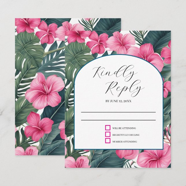 Cartão RSVP Casamento Floral de Feriado Rosa Tropical (Frente/Verso)