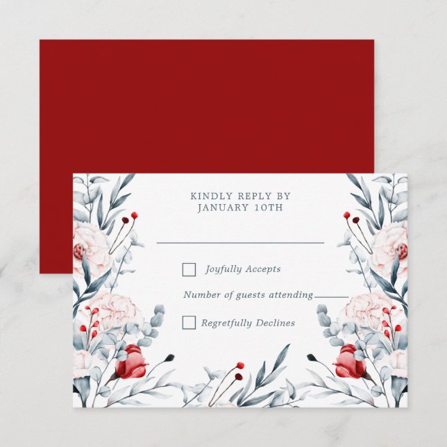 Cartão RSVP Casamento Floral De Flor Vermelho E Azul (Frente/Verso)