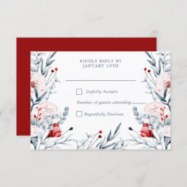 Cartão RSVP Casamento Floral De Flor Vermelho E Azul