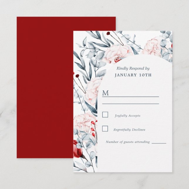 Cartão RSVP Casamento Floral De Flor Vermelho E Azul (Frente/Verso)