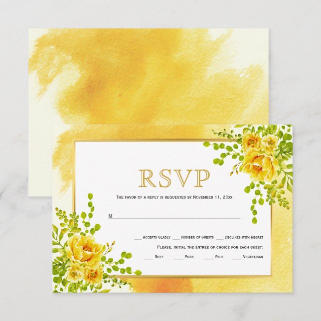 Cartão RSVP Casamento floral de flores amarelas aquáticas (Frente/Verso)