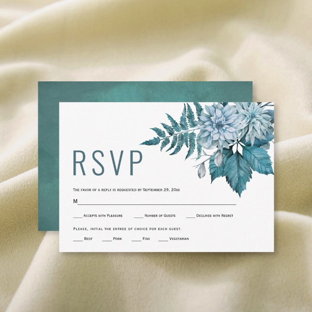 Cartão RSVP Casamento floral de flores azuis de chá e aqua (Criador carregado)