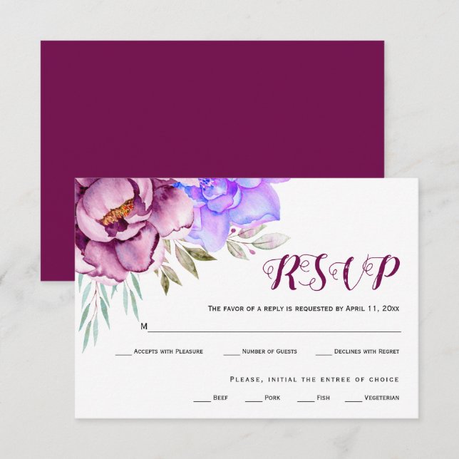 Cartão RSVP Casamento floral de flores de aquarela púrpura, az (Frente/Verso)