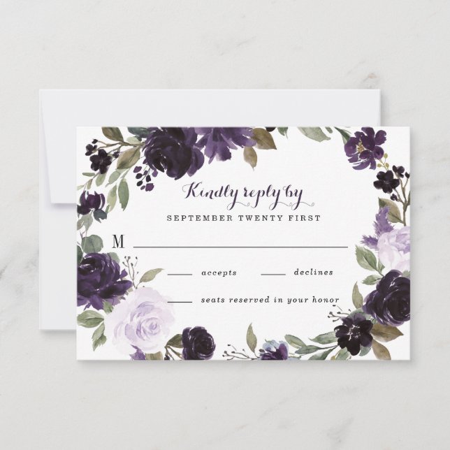 Cartão RSVP Casamento Floral de Folha Verde e Roxo Elegante e  (Frente)