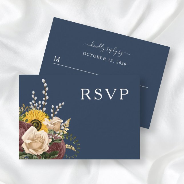 Cartão RSVP Casamento Floral de Girassol Azul-Marinho Elegante (Criador carregado)