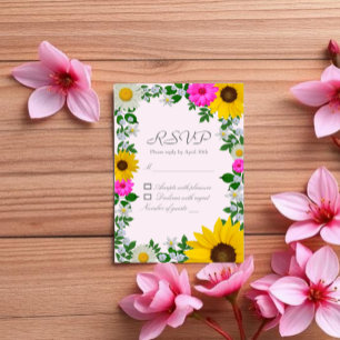 Cartão RSVP Casamento Floral de Girassol e Margarida Rústico