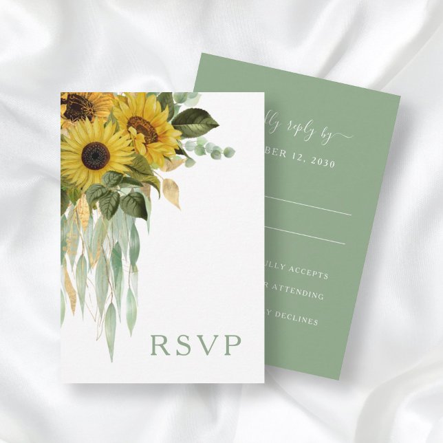 Cartão RSVP Casamento Floral de Girassol Elegante Sage Green (Criador carregado)