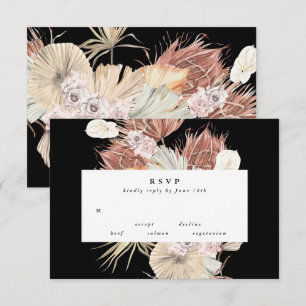 Cartão RSVP Casamento Floral de Grama Pampas Preto Elegante