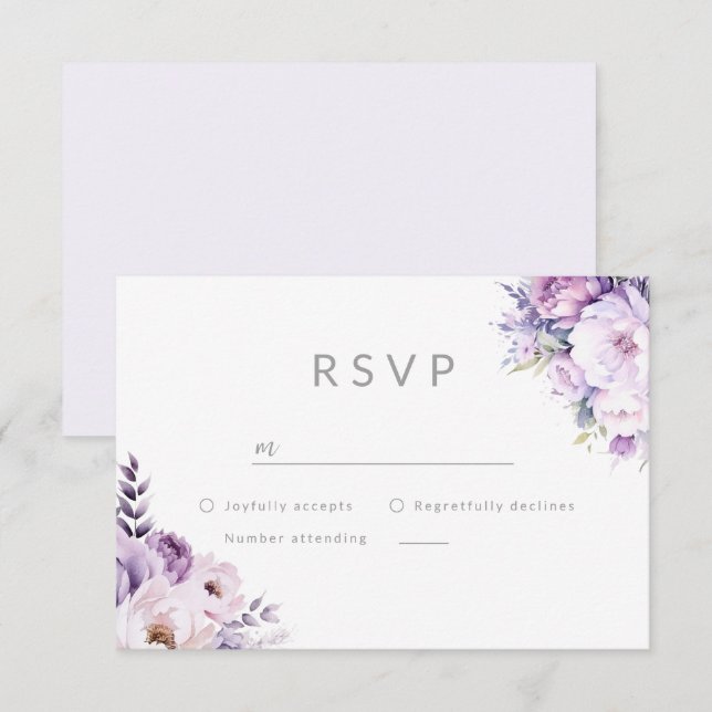 Cartão RSVP Casamento Floral de Hazard Lavanda Roxa (Frente/Verso)