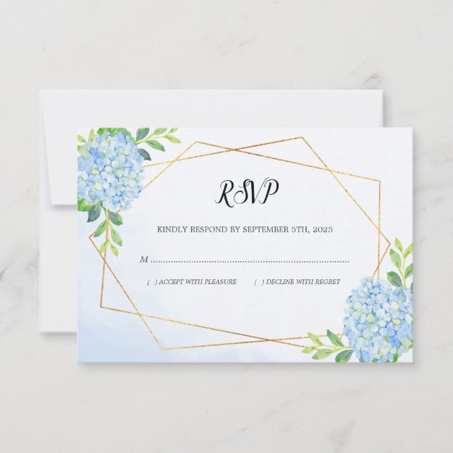 Cartão RSVP Casamento Floral de Hydrangea Azul Geométrico Mode (Frente)